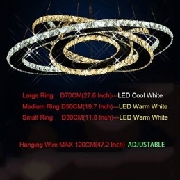 Crystal Pendant Lighting Ceiling Chandelier Light Fixtures with Warm and Cool White 3 rings