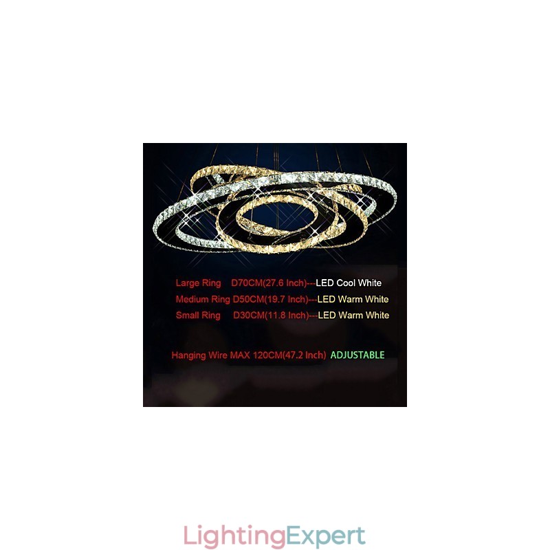 Crystal Pendant Lighting Ceiling Chandelier Light Fixtures with Warm and Cool White 3 rings