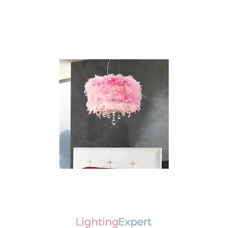 Crystal Pendant Light with 5 Lights in Pink Feather Shade