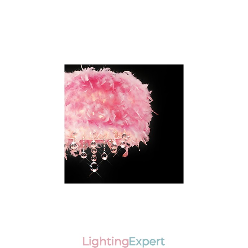 Crystal Pendant Light with 5 Lights in Pink Feather Shade
