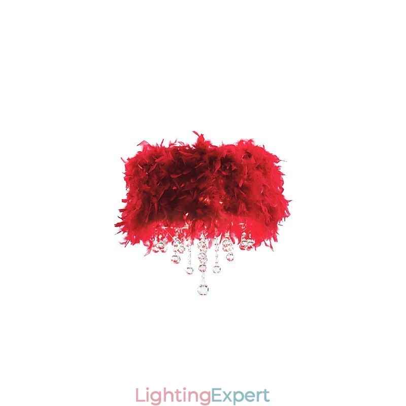 Crystal Pendant Light with 3 Lights in Red Feather Shade