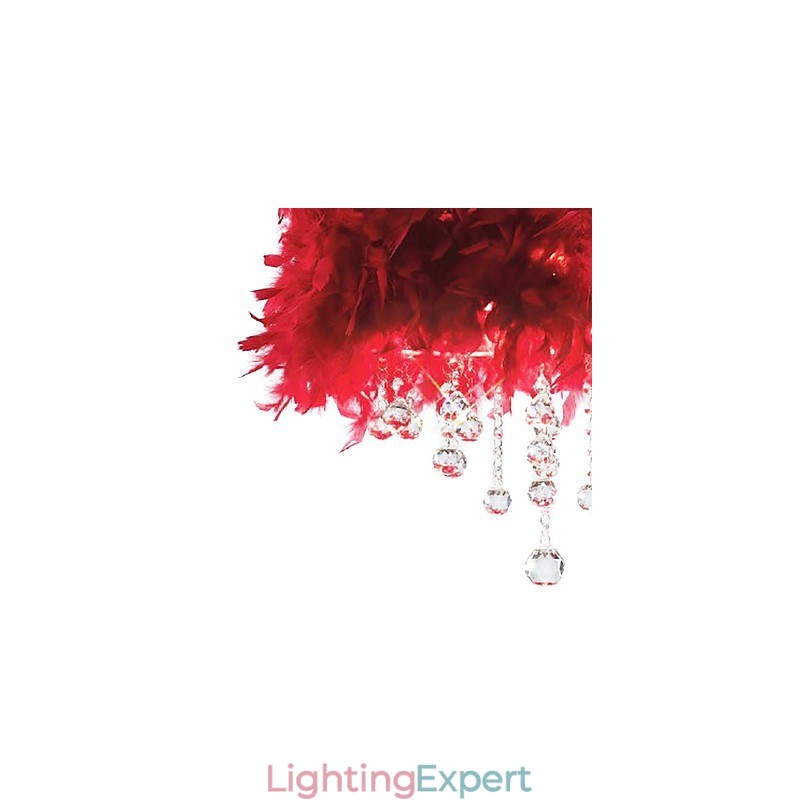 Crystal Pendant Light with 3 Lights in Red Feather Shade