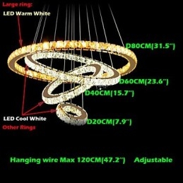 Crystal Pendant Light Ceiling Chandelier K9 Clear Crystal Round 4 Rings Large Ring(Warm White) Other(Cool White)