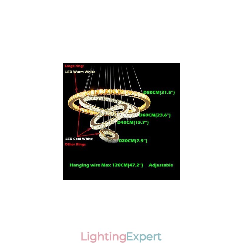 Crystal Pendant Light Ceiling Chandelier K9 Clear Crystal Round 4 Rings Large Ring(Warm White) Other(Cool White)