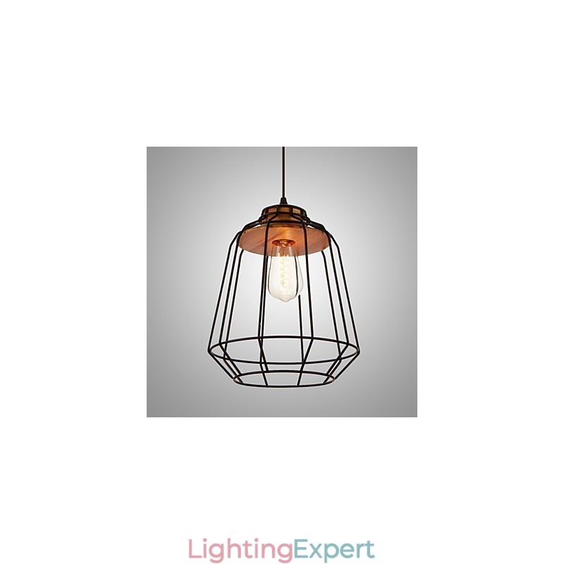 Iron Painting Pendant Light with Wooden Center Iron Cage Lighting Lamp