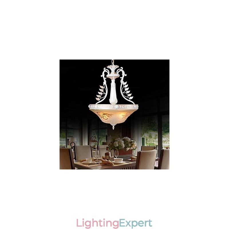 White Pendant Three Lights Pattern Glass Shade Hand Gilt European Retro Classic