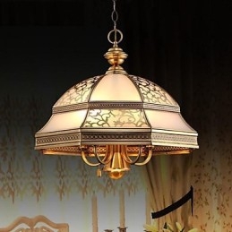 Brass Pendant Lamp Six Lights Vintage Total Copper Glass