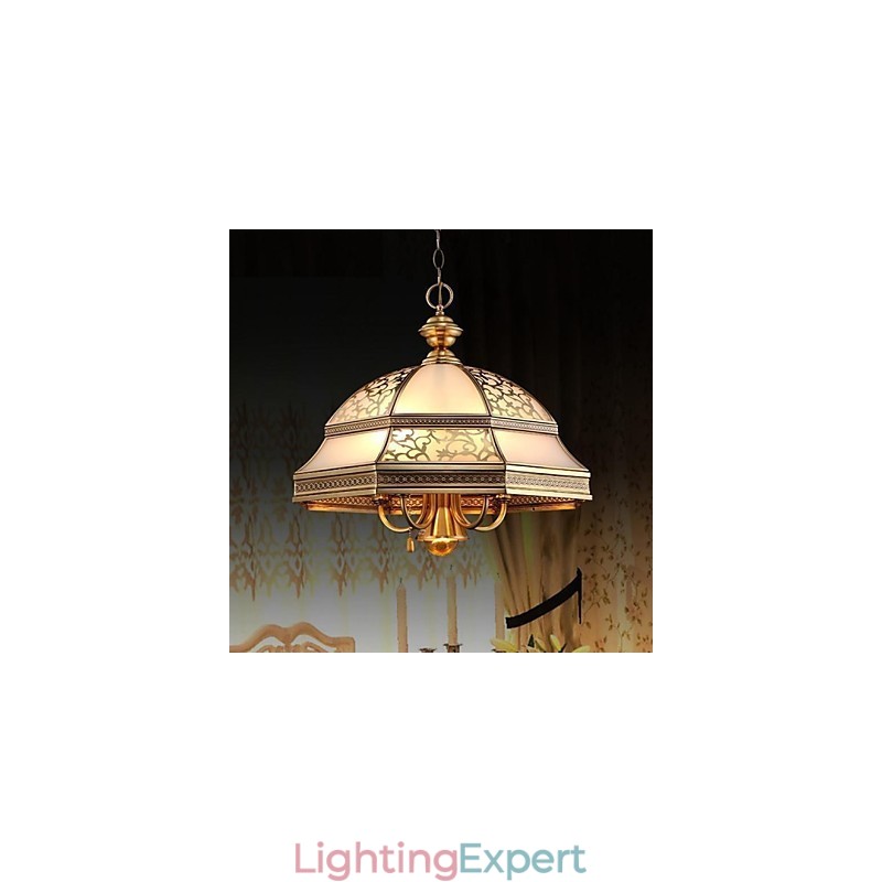 Brass Pendant Lamp Six Lights Vintage Total Copper Glass