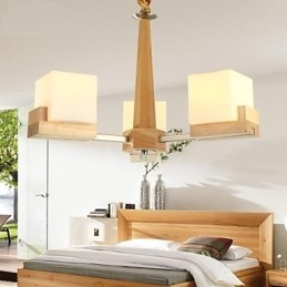 Oak Pendant Lamp Three Lights Oak and Glass