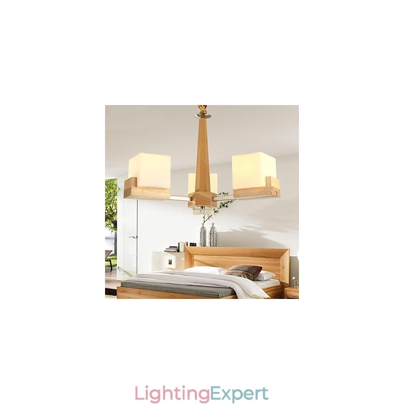 Oak Pendant Lamp Three Lights Oak and Glass