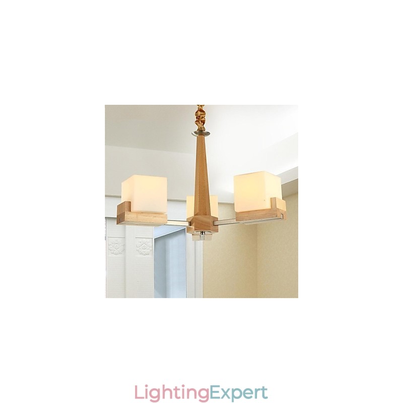 Oak Pendant Lamp Three Lights Oak and Glass