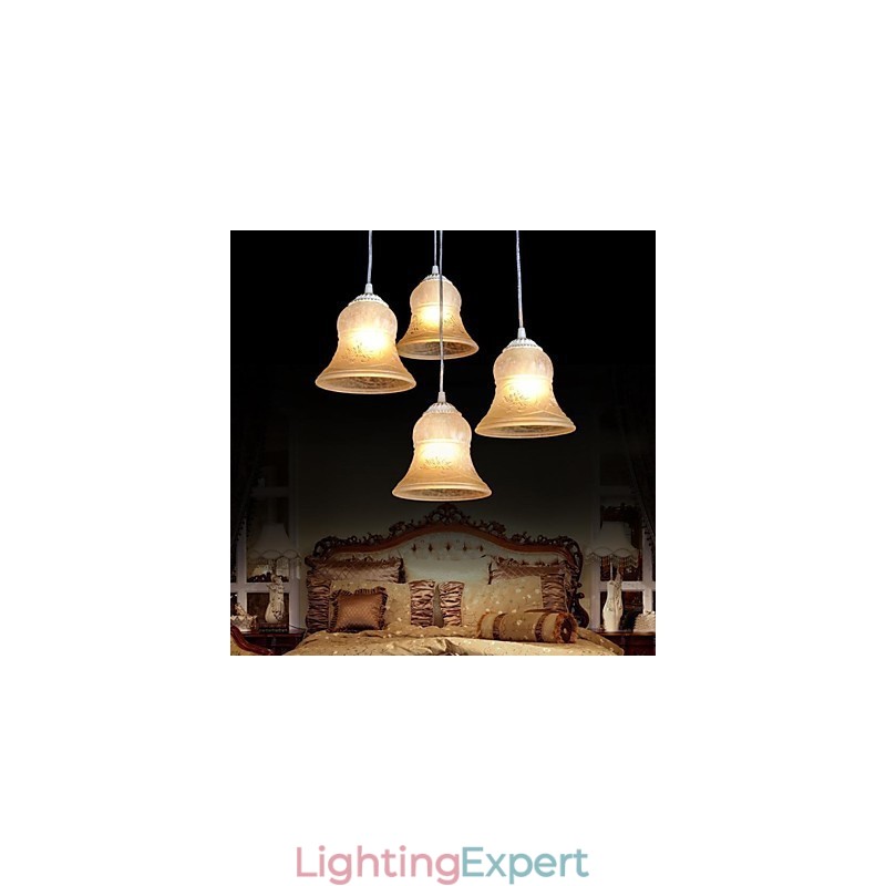 White Pendant Four Lights Pattern Glass Shade Hand Gilt European Retro Classic