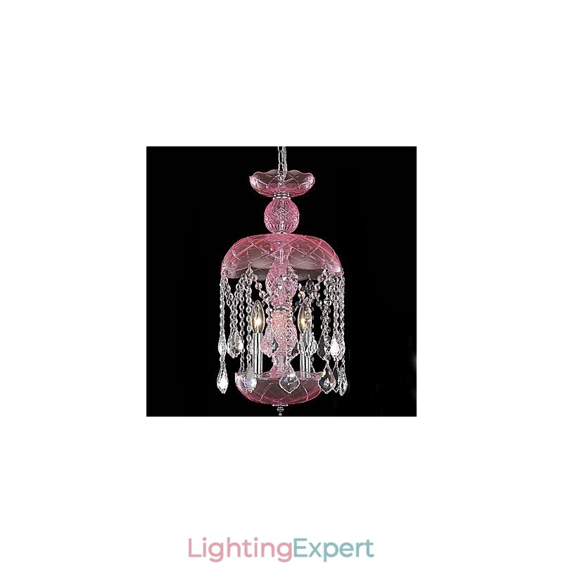 Modern Crystal Pendant Light with 3 Lights in Pink Shade