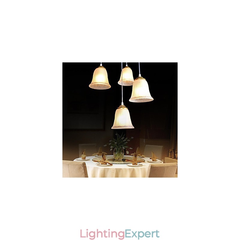 Bronze Pendant Four Lights Pattern Glass Shade European Retro Classic