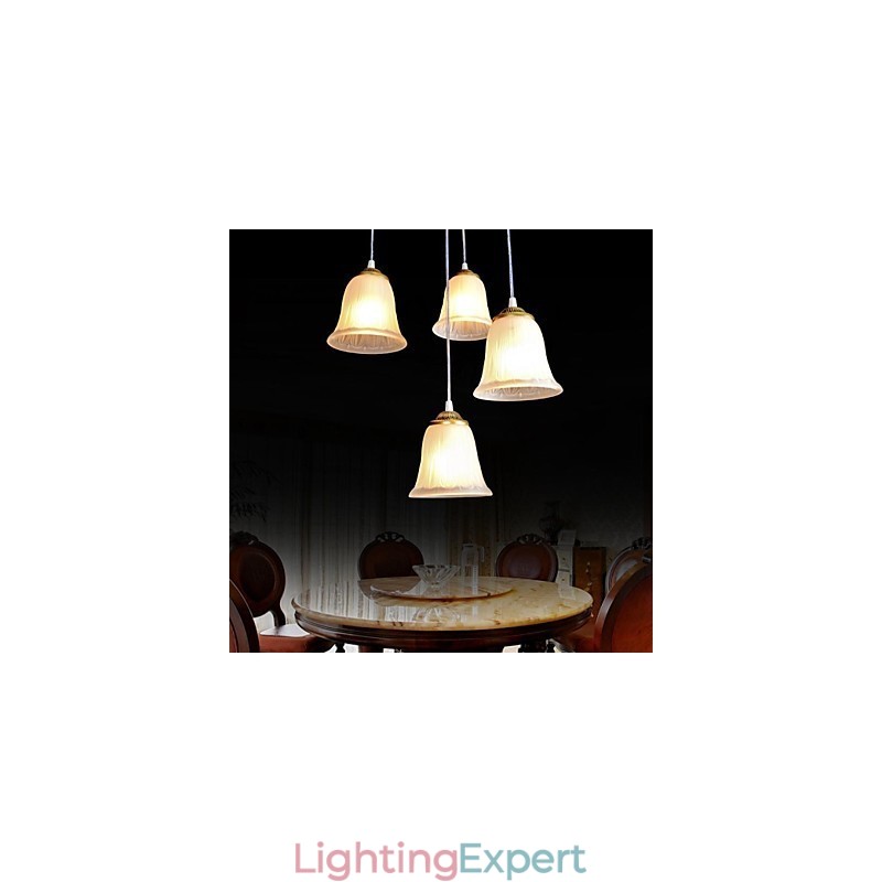 Bronze Pendant Four Lights Pattern Glass Shade European Retro Classic