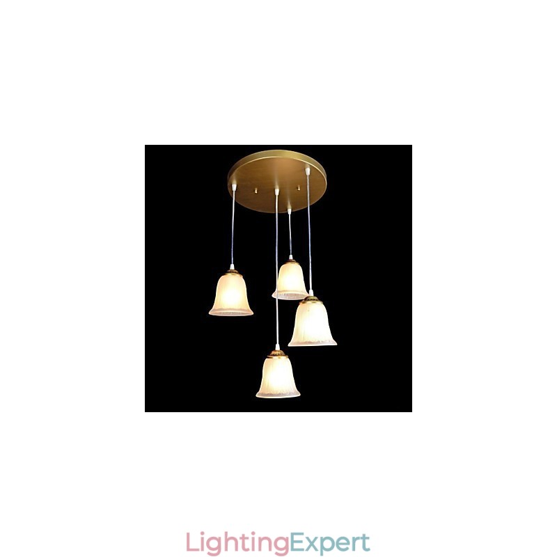 Bronze Pendant Four Lights Pattern Glass Shade European Retro Classic