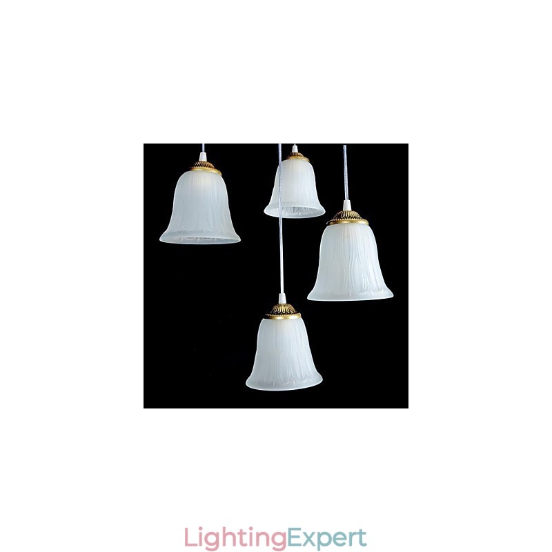 Bronze Pendant Four Lights Pattern Glass Shade European Retro Classic