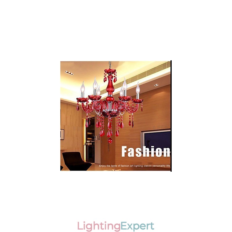 Chandelier Red Crystal Luxury Modern 6 Lights