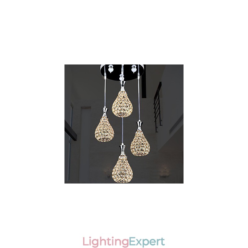 4 Heads Pendant Light Crystal Modern Contemporary Metal
