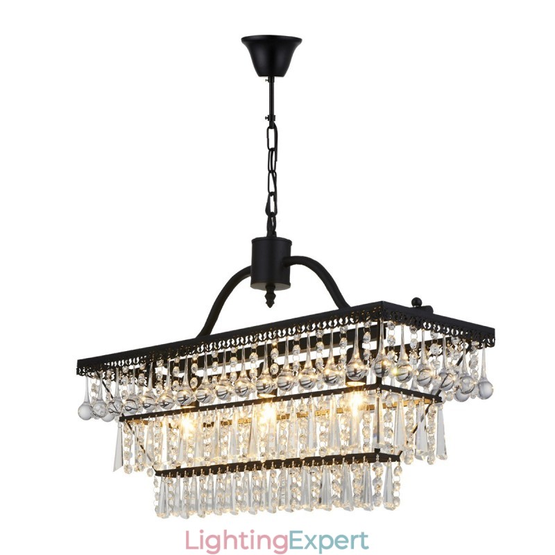3 Tiers Rectangle Traditional Classic Crystal Metal Chandelier for