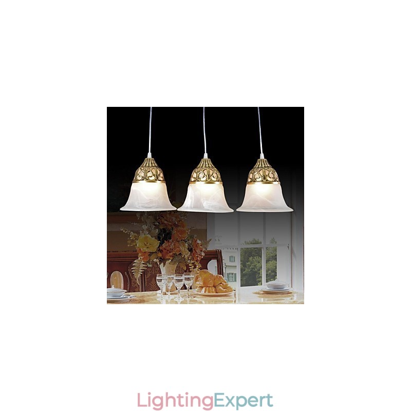 Bronze Pendant Three Lights Moire Glass European Classic