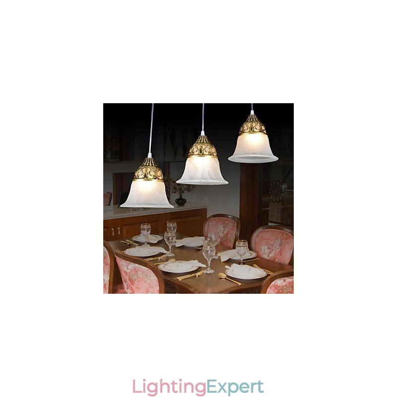 Bronze Pendant Three Lights Moire Glass European Classic