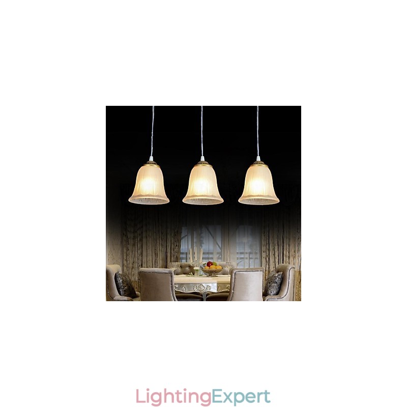 Bronze Pendant Three Lights Pattern Glass Shade European Retro Classic