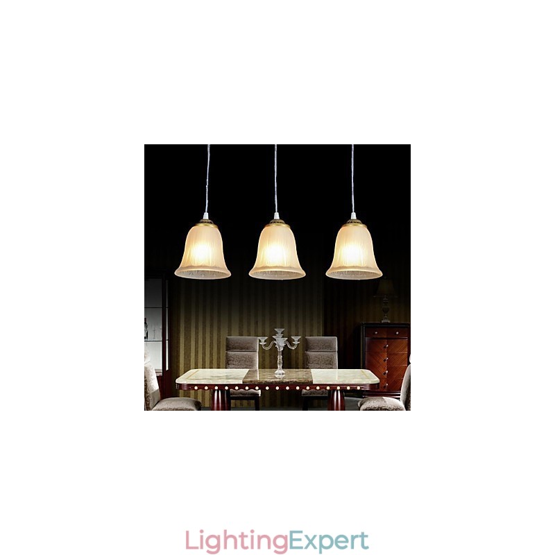 Bronze Pendant Three Lights Pattern Glass Shade European Retro Classic