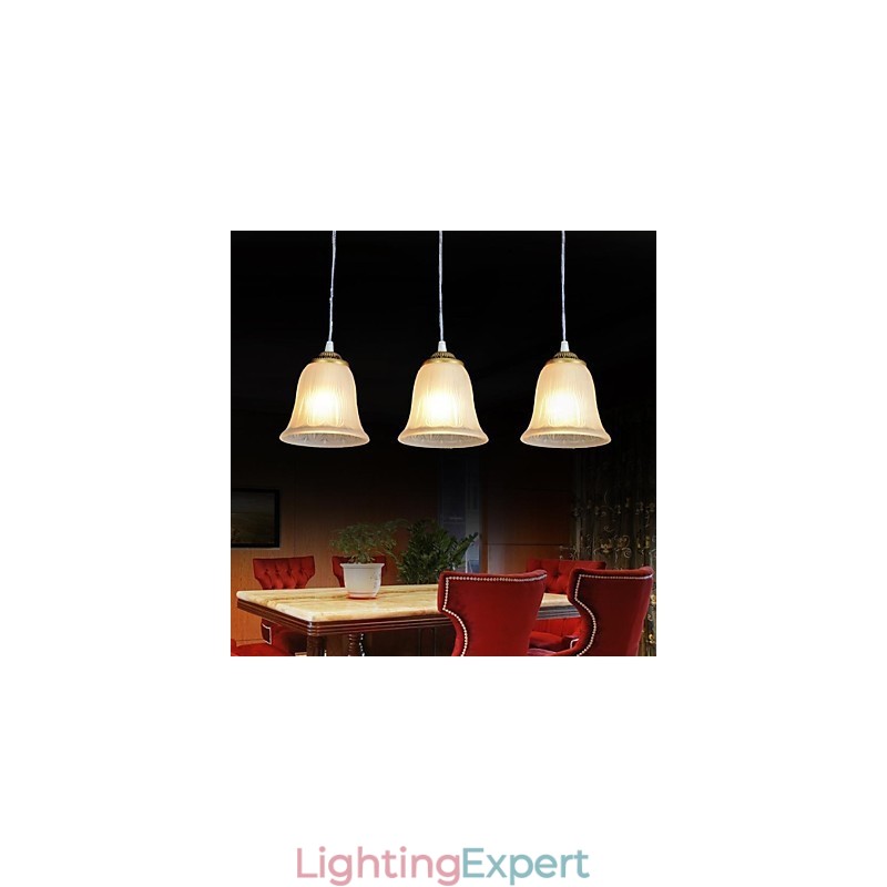 Bronze Pendant Three Lights Pattern Glass Shade European Retro Classic
