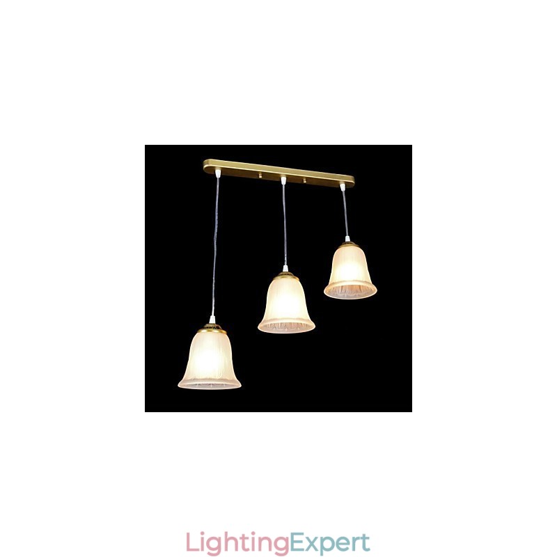 Bronze Pendant Three Lights Pattern Glass Shade European Retro Classic