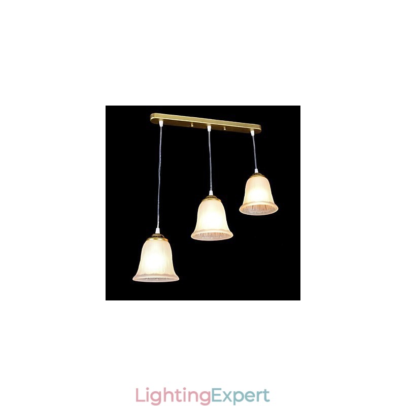 Bronze Pendant Three Lights Pattern Glass Shade European Retro Classic
