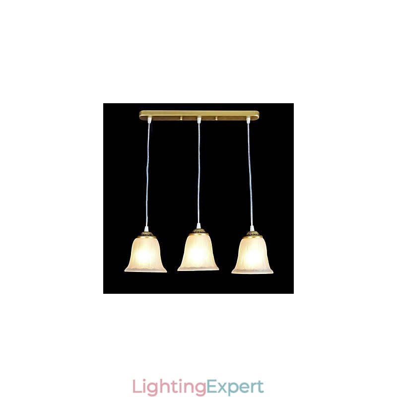 Bronze Pendant Three Lights Pattern Glass Shade European Retro Classic
