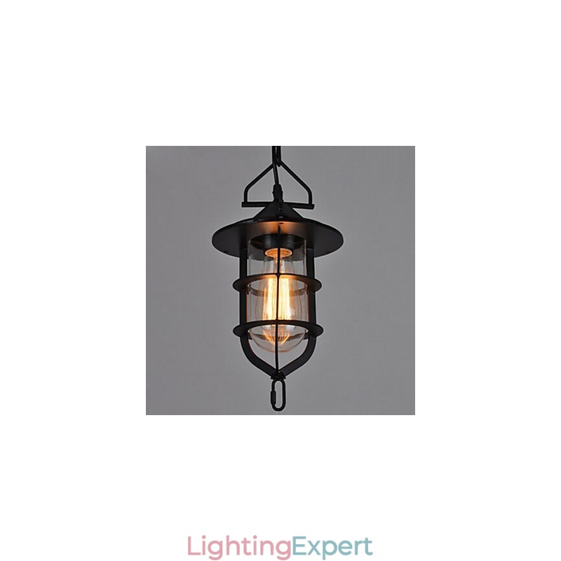 Medium Vintage Black Cage Shape Glass And Metal Cover Pendant Light
