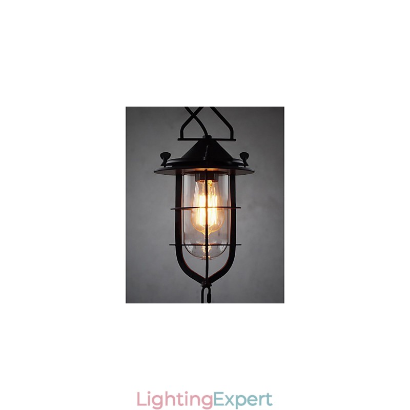 Medium Vintage Black Cage Shape Glass And Metal Cover Pendant Light