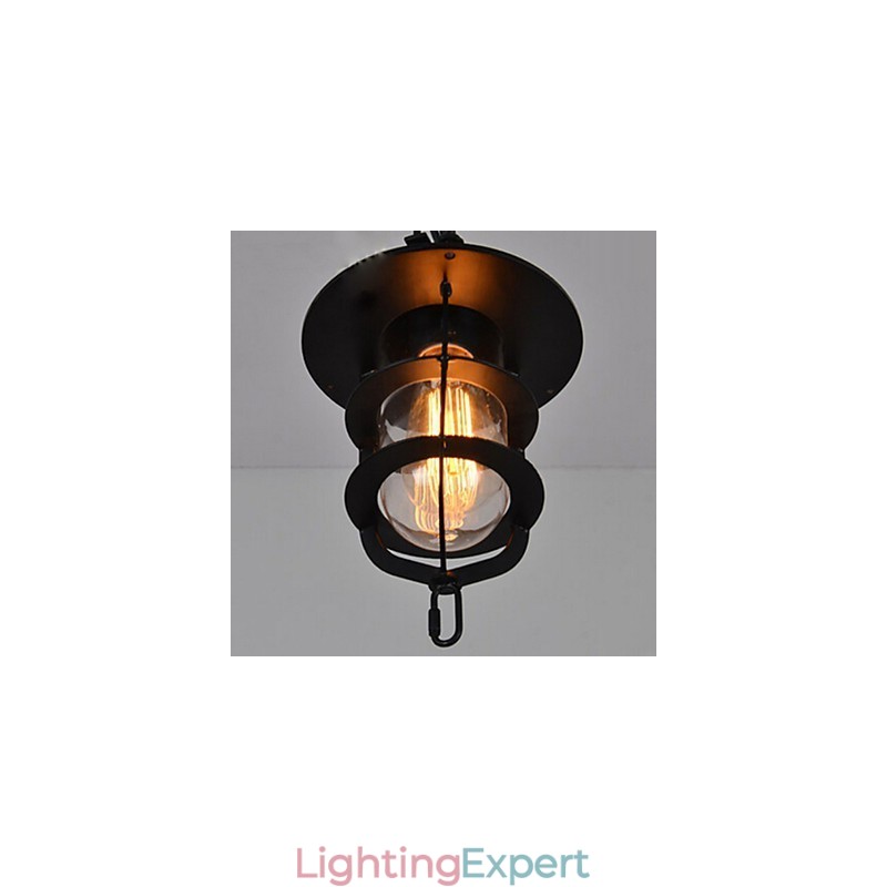 Medium Vintage Black Cage Shape Glass And Metal Cover Pendant Light