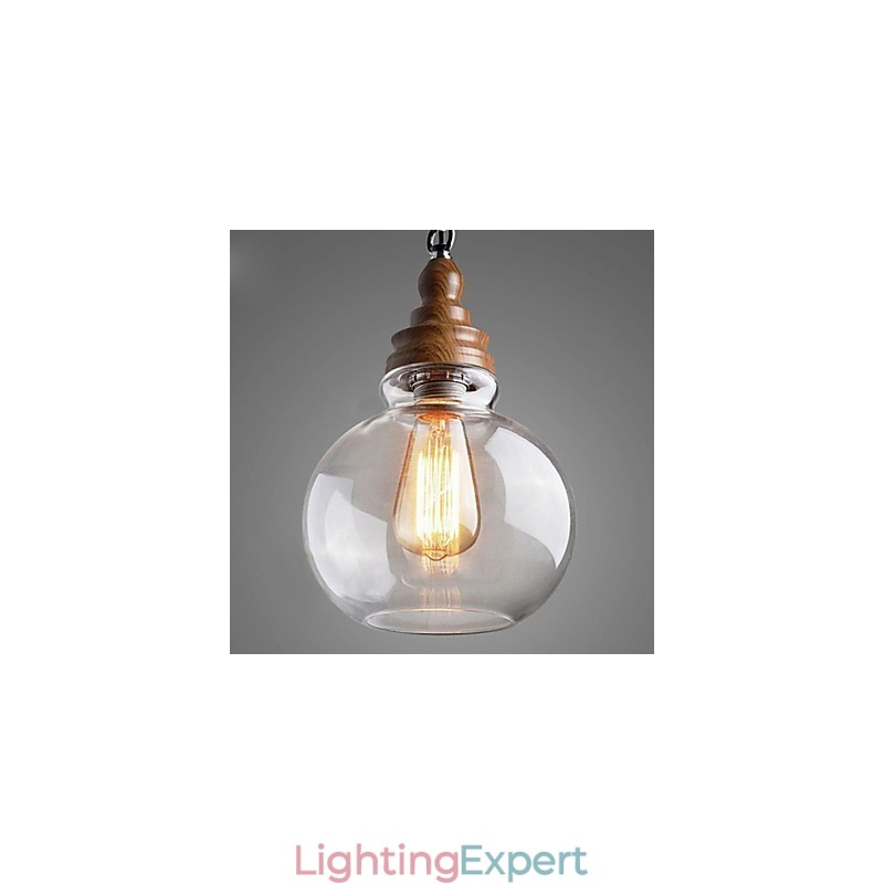 Vintage Wooden Round Crystal Ball Pendant Light (Dia 19cm)