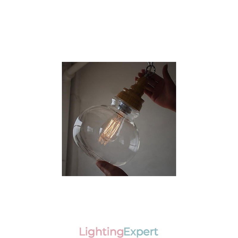 Vintage Wooden Round Crystal Ball Pendant Light (Dia 19cm)