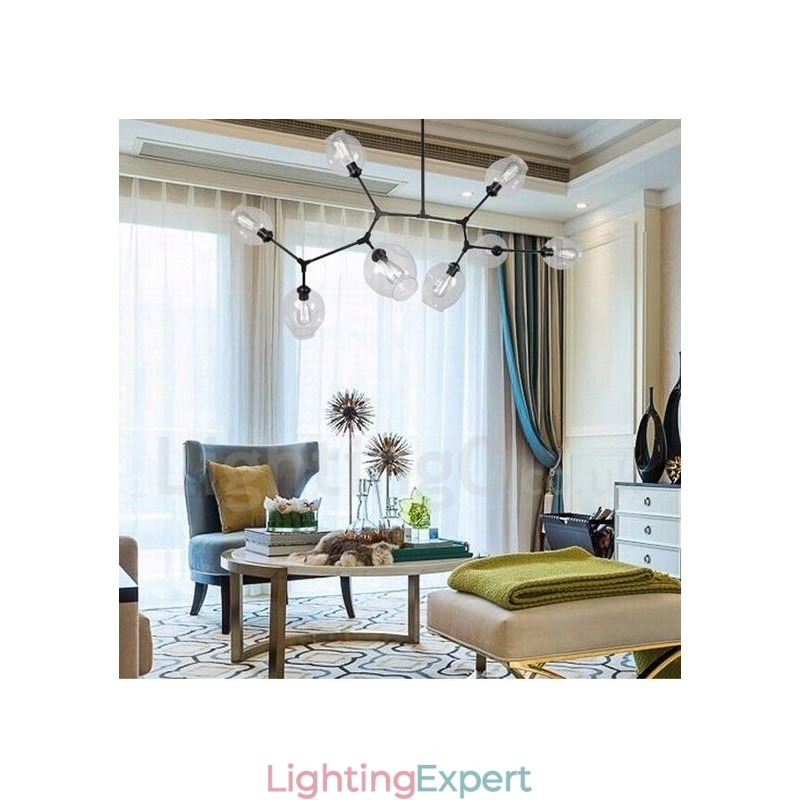 8 Light Modern Contemporary Chandelier with Clear Glass Shade & Lamp (Black Golden)