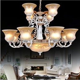White Chandelier Fifteen Lights Pattern Glass Shade Hand Gilt European Retro Classic