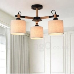 Modern Contemporary 3 Light Single Tier Wood Chandelier with Drum Fabric Shade &