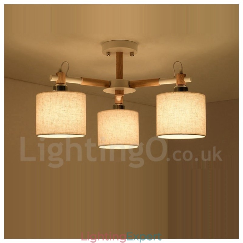 Modern Contemporary 3 Light Single Tier Wood Chandelier with Drum Fabric Shade &