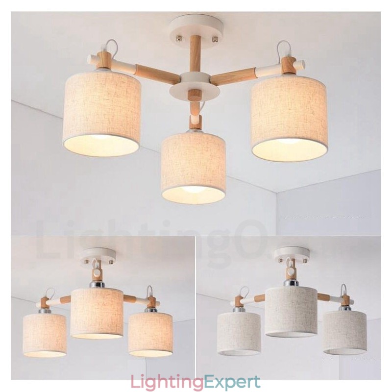 Modern Contemporary 3 Light Single Tier Wood Chandelier with Drum Fabric Shade &