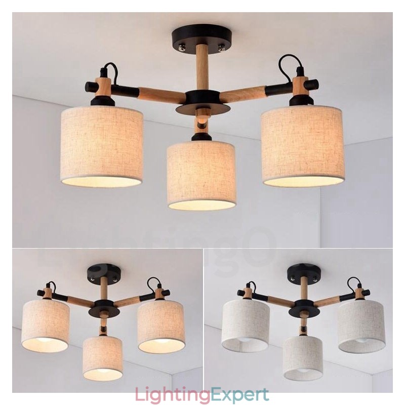 Modern Contemporary 3 Light Single Tier Wood Chandelier with Drum Fabric Shade &
