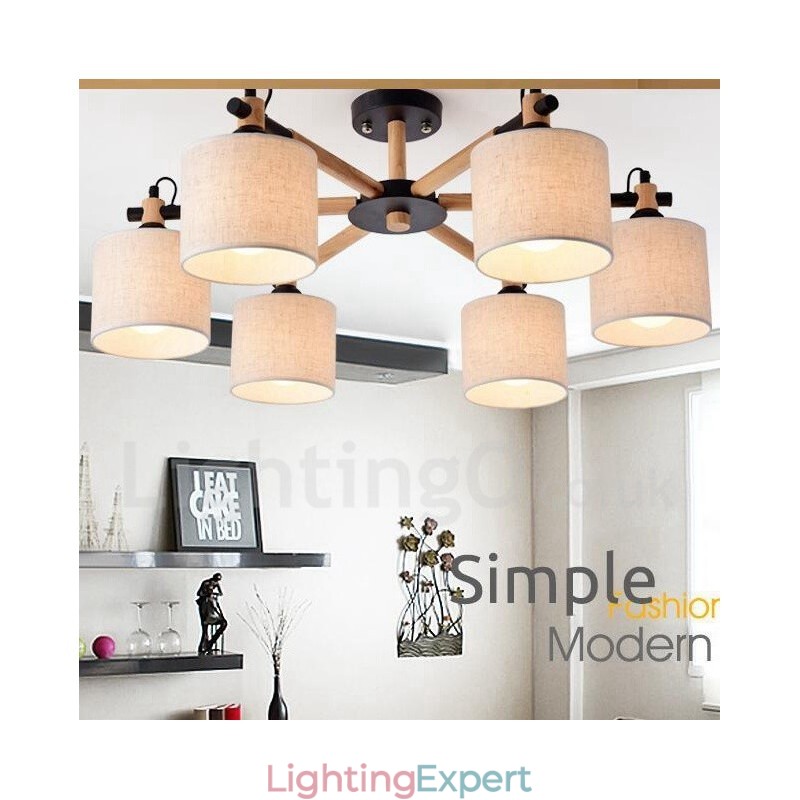 Modern Contemporary 6 Light Single Tier Wood Chandelier with Drum Fabric (Black White)