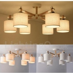 Modern Contemporary 6 Light Single Tier Wood Chandelier with Drum Fabric (Black White)