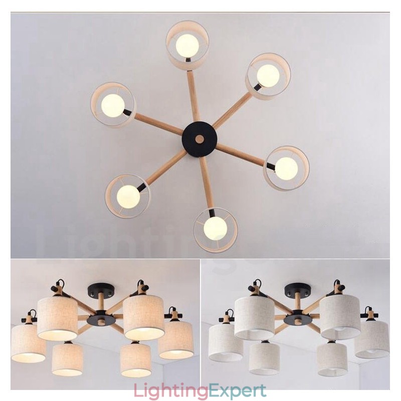 Modern Contemporary 6 Light Single Tier Wood Chandelier with Drum Fabric (Black White)