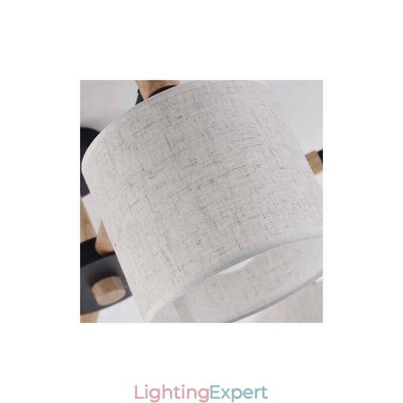 Modern Contemporary 6 Light Single Tier Wood Chandelier with Drum Fabric (Black White)