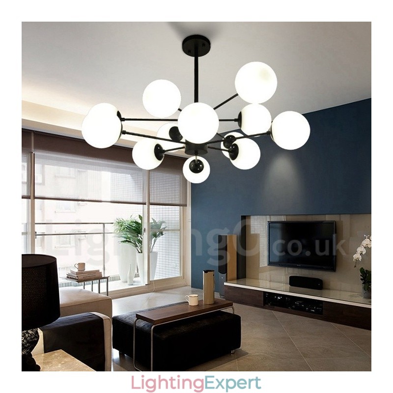 Black 12 Light 2 Tier Metal Chandelier with Glass Shade Modern Contemporary Style