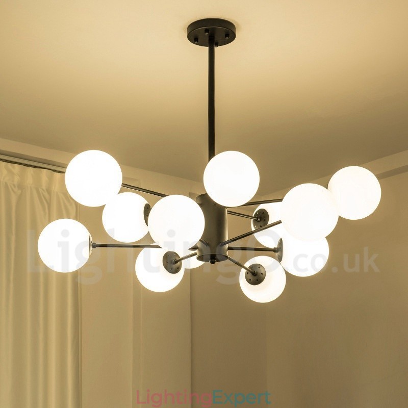 Black 12 Light 2 Tier Metal Chandelier with Glass Shade Modern Contemporary Style