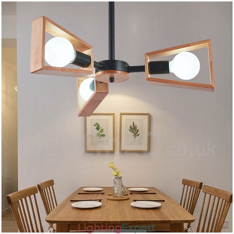 Wood Single Tier 3 Light Chandelier Lamp Modern Contemporary Style